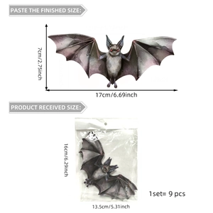 Detail of 9pcs Halloween bat wall stickers showing unfolded size 17x7cm and packaging