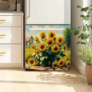 Adesivo murale con girasoli stile pittura a olio applicato su un frigorifero bianco