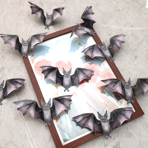 Detailed 3D bat wall stickers with purple tint on wood frame and marble wall