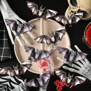 3D Halloween bat wall decals with red eyes and fangs on a spooky dark background