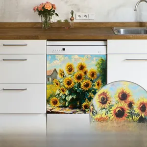 Dettaglio macro della copertura magnetica per lavastoviglie con texture a grana e girasoli dipinti