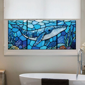 Película decorativa para ventanas con ballena azul y estilo de vidrio manchado