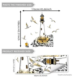 Minimalist hand-drawn seagull lighthouse wall stickers with 116x108cm size display
