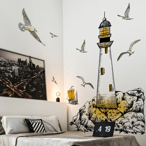 Creative hand-drawn lighthouse and seagulls wall sticker set for bedroom decoration