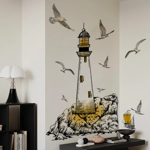 Hand-drawn lighthouse wall decals with gulls and sailboat for modern living room decor