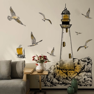 Minimalist hand-drawn lighthouse and seagull wall stickers for living room decoration