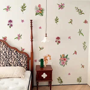 Stickers muraux fleurs d'hibiscus roses et feuilles tropicales pour décor de chambre