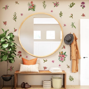 Stickers muraux fleurs d'hibiscus roses et feuilles d'aquarelle autour d'un miroir