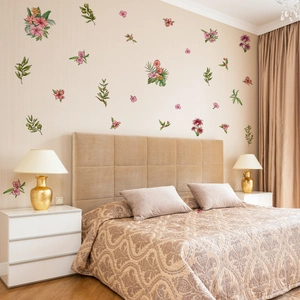 Stickers Muraux PVC Vinyle Amovible Autocollant Imperméable Peint À La Main Fleur Hibiscus Feuilles Vertes Décoration Maison