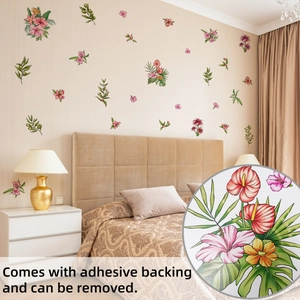 Détail du sticker mural floral avec dos adhésif montrant des motifs de feuilles d'hibiscus