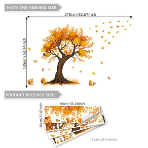 Autumn tree and squirrel wall stickers with orange leaves, dimensions 210x135cm