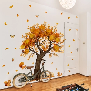 Autumn tree wall decal set with golden leaves and cute squirrels for home decor