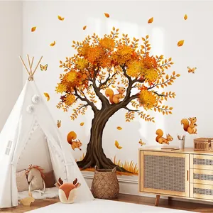Autumn tree wall stickers with cute squirrels and falling maple leaves for home decor