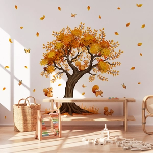 Autumn tree wall decal with squirrels and golden leaves for home living room decor