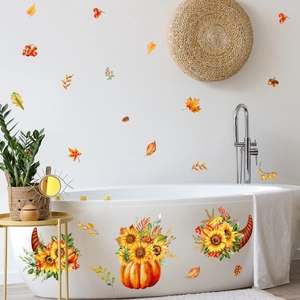 Stickers de citrouille d'automne et tournesol sur baignoire blanche pour décor maison
