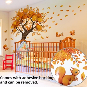 Detailed view of autumn tree and squirrel wall stickers with adhesive backing on nursery wall