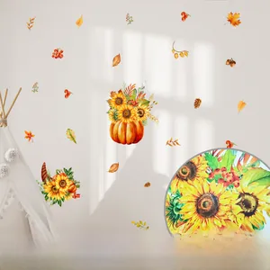 Détail de stickers de fenêtre d'automne double face avec tournesols, citrouilles et érables