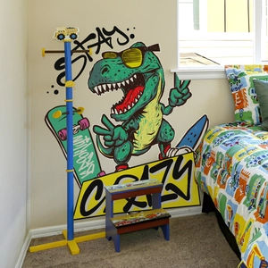 Green skateboarding dinosaur wall decal with Brooklyn text for kids bedroom decor