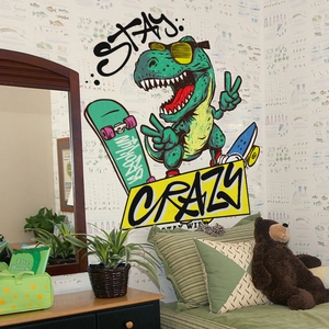 Cartoon dinosaur skating wall sticker with Stay Crazy graffiti for bedroom decor
