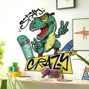 Green dinosaur skateboard wall sticker with Stay Crazy typography for home decor