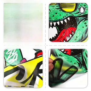 Detailed view of waterproof dinosaur skateboard stickers with vibrant green graffiti art
