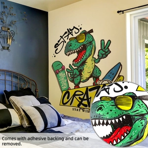 Detail of creative dinosaur on skateboard wall sticker with easy-to-peel adhesive backing