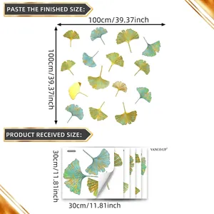 Size guide for ginkgo leaf wall stickers showing 100x100cm layout and 6-sheet pack details