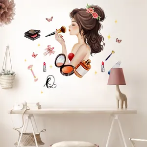 Détail de sticker mural cosmétique fille maquillage avec rouges à lèvres et flacons