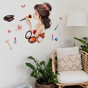 Autocollants Muraux Fille Maquillage PVC Autocollant Décoration Avec Cosmétiques Fleurs Papillons Pour Chambre Salon De Beauté