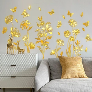 Golden mirror 3D wall stickers featuring hand-painted flowers and butterflies decor