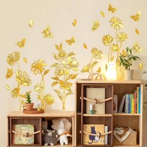 Creative 3D golden mirror wall stickers with floral and butterfly designs for home decor