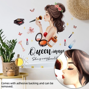 Détails du sticker mural fille maquillage avec rouge à lèvres et parfum sur mur blanc