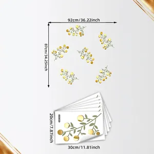 Size guide for gold plant wall stickers showing finished dimensions and 6 individual sheets