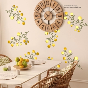 Creative golden mirror circles and green leaves wall stickers for home decoration