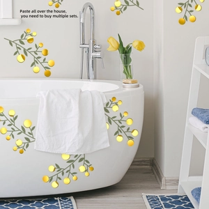 Macro detail of reflective floral mirror wall stickers on bathtub and bathroom walls