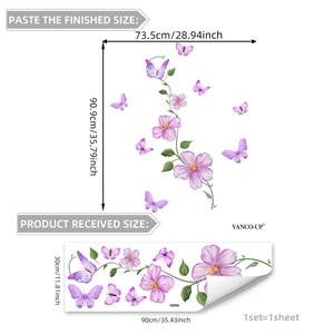 Purple vine flower and butterfly wall decal for living room bedroom decoration