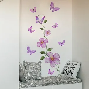 Purple flower and butterfly wall stickers for living room decor with green vine accents