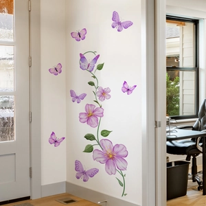Watercolor purple floral vine and butterfly wall stickers for living room decor