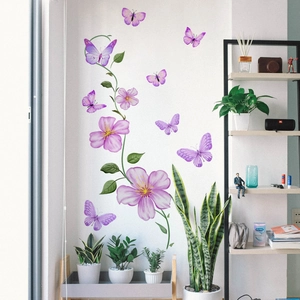 Purple Flower Vine Butterfly Wall Stickers PVC Self Adhesive Waterproof Removable Home Decor Living Room Bedroom