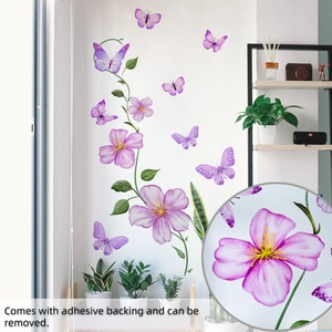 Detail of purple flower vine and butterfly wall stickers with self-adhesive backing