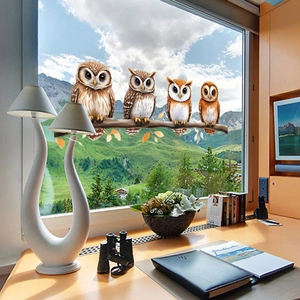 Detail of four cute cartoon owls on a branch static window cling for home decoration