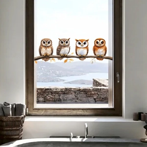 Detailed realistic owl wall stickers on a branch with warm brown and orange tones