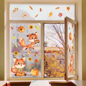Stickers Muraux De Fenêtre D'automne Dessin Animé Renard Citrouille Tournesol Feuille D'érable Double Face Visible PVC Décor