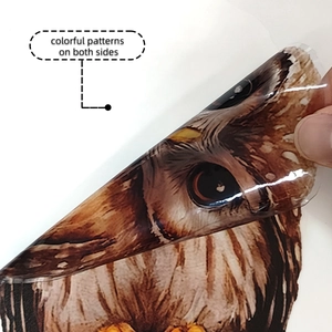 Close-up of double-sided owl window sticker showing colorful patterns and transparent base