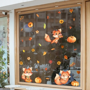 Stickers de fenêtre d'automne avec renard, citrouille et feuilles d'érable sur verre
