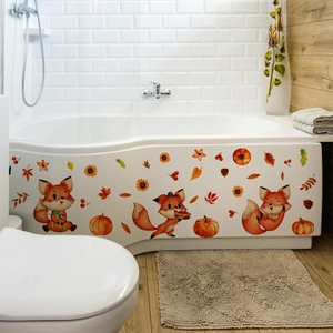 Stickers muraux d'automne avec renard et citrouille décorant une baignoire blanche