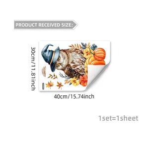 Creative owl and pumpkin window clings with floral autumn leaves for home decor