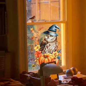Creative owl with pumpkin and maple leaves static window stickers for fall home decor