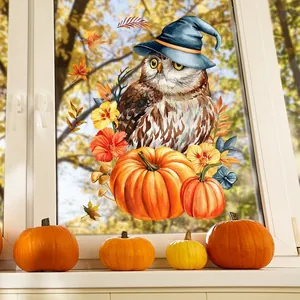 Hand-painted owl and pumpkin static window decals for fall and Halloween home decoration