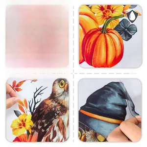 Macro detail of waterproof static stickers with owl, pumpkin and maple leaf motifs